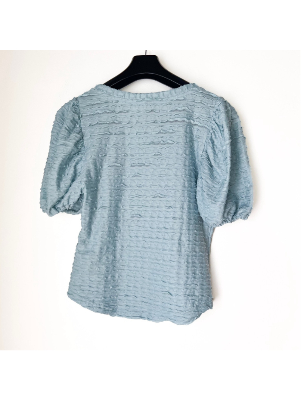 Anthropologie Light Blue Puff-Sleeve Scoop Neck Blouse Ruffle M Spring Coquette - Picture 2 of 7
